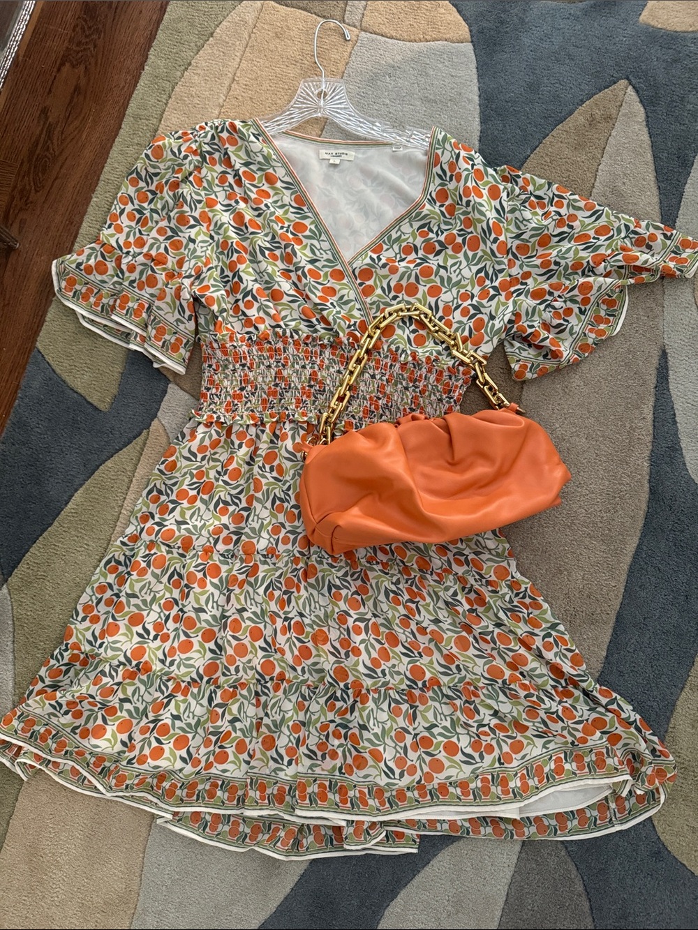 Max Studio Lightweight Printed Dress in White, Orange & Green including purse